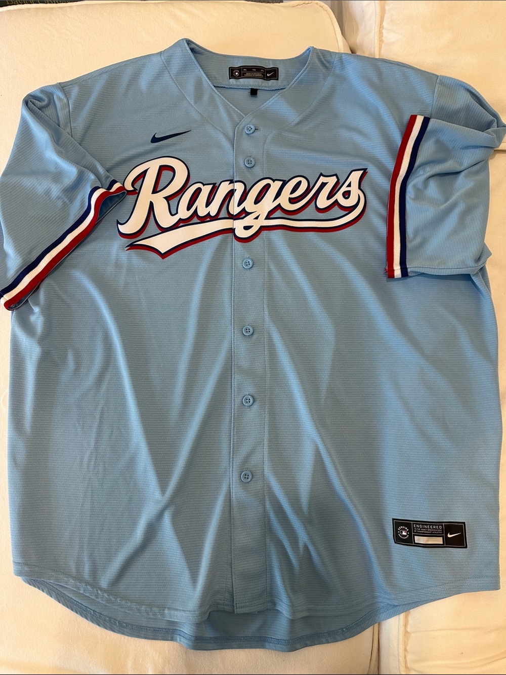 Nike Light Blue Rangers Baseball Jersey with Red & Navy Accents